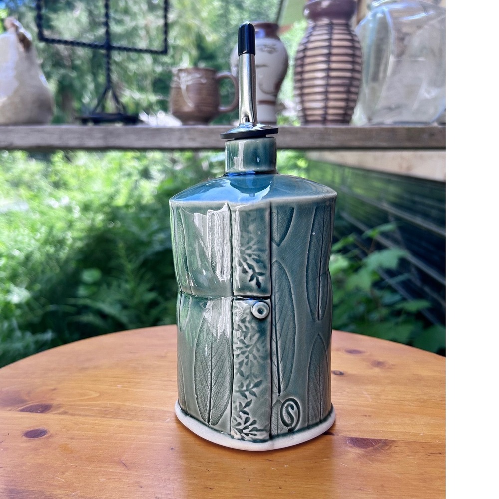 Vintage Ceramic Olive Oil Dispenser Sage Green Leaf Four Elements Pottery